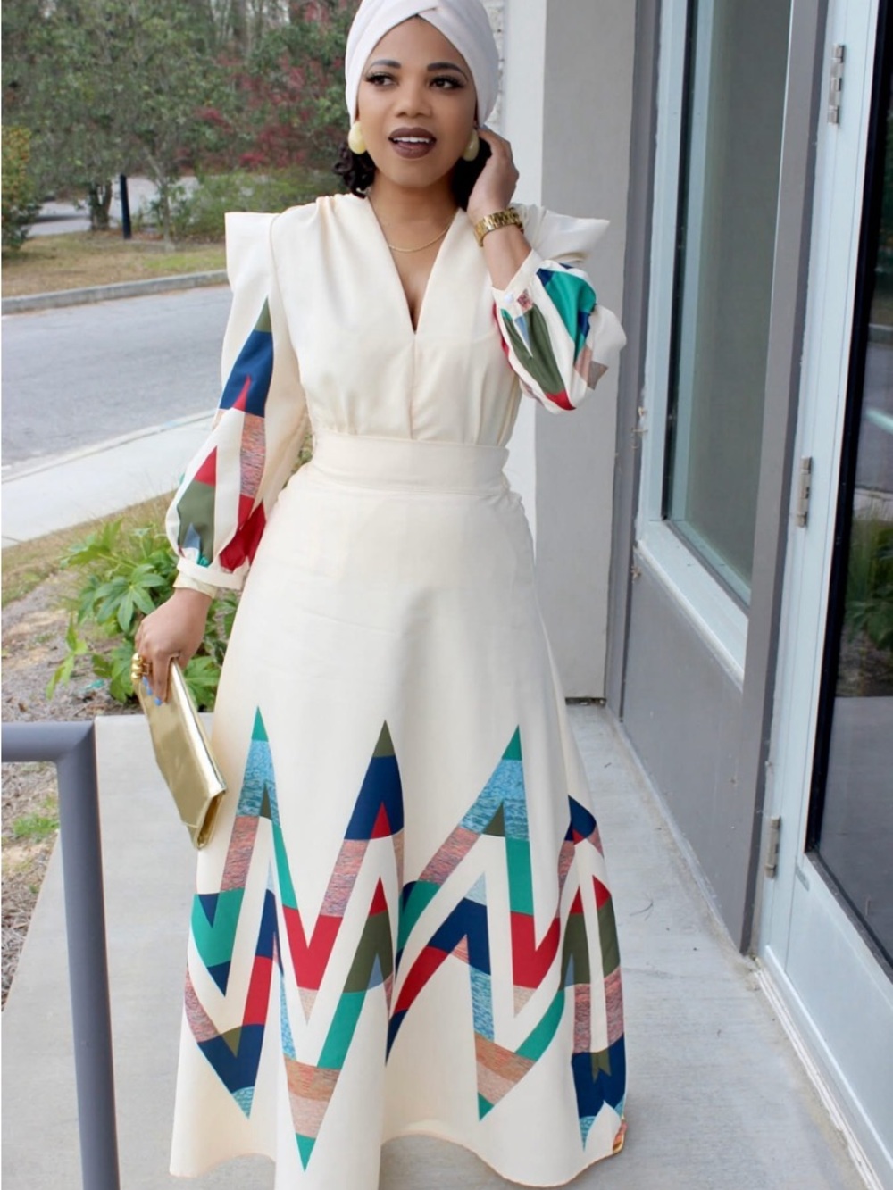 Women's Cream Maxi Skirt and Dramatic Sleeve Top with Multicolor Geometric Print